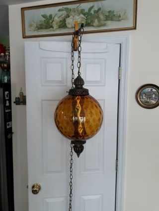 Vintage 1960’s Hollywood Regency Amber Glass Hanging Swag Lamp
