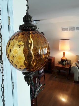 Vintage 1960’s Hollywood Regency Amber Glass Hanging Swag Lamp 2