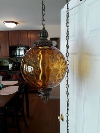 Vintage 1960’s Hollywood Regency Amber Glass Hanging Swag Lamp 3