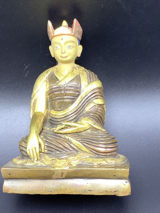 Buddhist 4.  5 " Statue Teacher Philosopher Vtg Or Antique Bronze Gilded Painted
