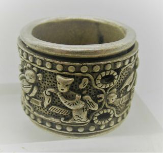 Old Antique Chinese Silver Ring With Moving Scenes All Around