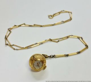 Vintage 1960s Bucherer Swiss Ball Gold Tone Pendant Necklace Watch Mechanical