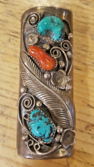 Vintage Sterling Silver Navajo Lighter Case With Turquoise And Coral 31.  3 Grams