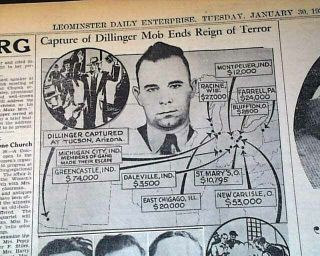 John Dillinger Bank Robber Gang Captured In Tucson Az Arizona 1934 Old Newspaper