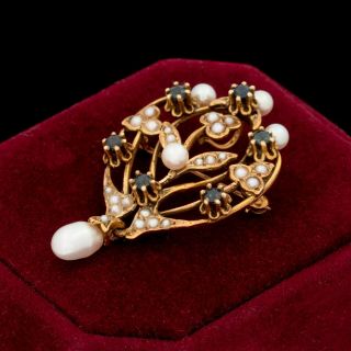 Antique Vintage Art Nouveau 9k Rose Gold Blue Topaz Akoya Pearl Floral Pendant