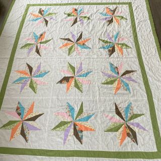 Vintage Quilt 8 Point Star Hand Quilted Farmhouse Home Decor Patchwork 72 x 90 3