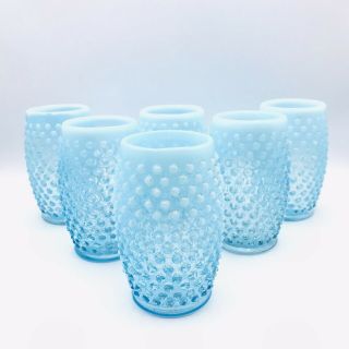Vintage Set 6 Fenton Glass Aqua Blue Opalescent Hobnail Pattern Glass Tumblers