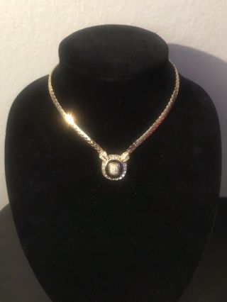 Vintage Christian Dior Rhinestone Black Enamel Gold Tone Necklace