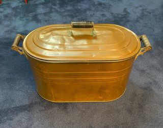 Vintage Antique Copper Boiler Wash Tub Lid Wood Handles Planter Firewood Storage