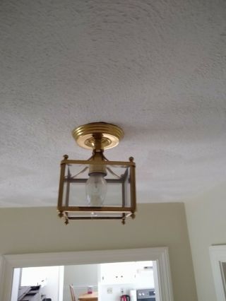 Vintage Brass And Glass Ceiling Light Hall Lamp Semi Flush Mount - Euc