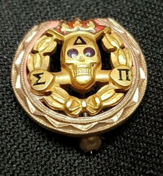 Delta Sigma Pi Skull Pin Badge 10k Yellow Gold Amethyst Fraternity Pin