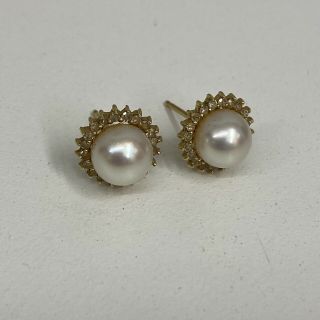 Vintage 14K Gold Pearl Diamond Earrings 40 Tiny Diamonds Pierced Ears 7mm Pearls 3