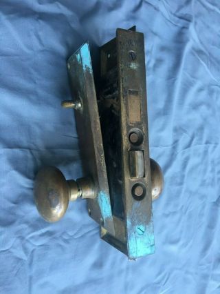 Antique Brass Entry Door Knob Set Back Plates Mortise Lock Vtg Yale Old 460 - 19j