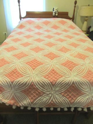 Vintage Pink White Sphere Design Chenille Bedspread Full Queen 90x100 Pompoms