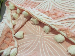 Vintage Pink White Sphere Design Chenille Bedspread Full Queen 90x100 PomPoms 3