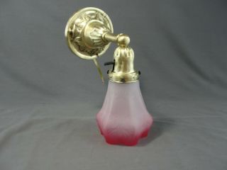 Antique Art Nouveau Brass Wall Light Sconce Red/pink Satin Hombre Glass Shade