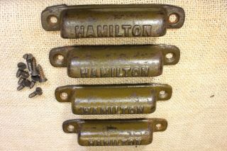 4 Old Drawer Pulls Handles Hamilton Type Storage Vintage Olive Green Cast Iron