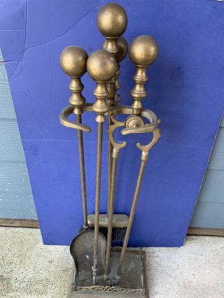 Vintage Brass Fireplace Tool Set W/ball Handle