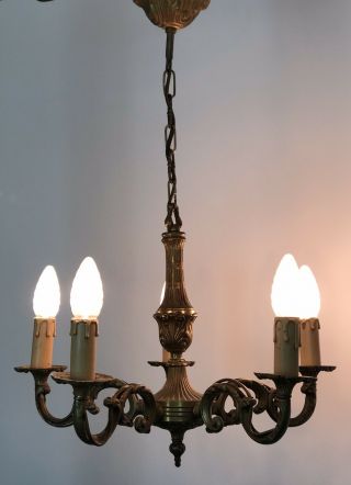 Vintage French Gilt Bronze Chandelier 5 Arm Ceiling Light