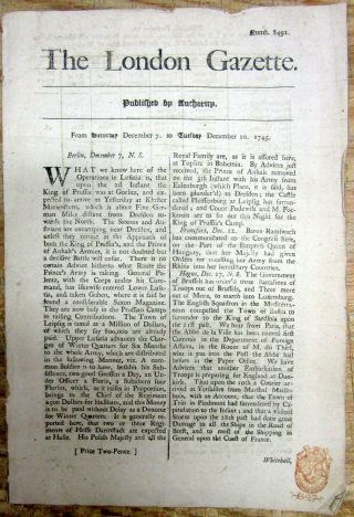 1745 London Gazette England Newspaper Jacobite Rising Rebellion - W Red Tax Stamp