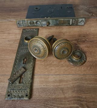 Antique Eastlake Brass Door Hardware Set.