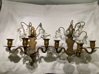 French Antique Gilt Bronze Crystal Candle Holders Wall Lights