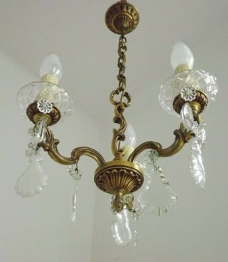 Lovely French Vintage Small Ornate Brass Glass & Crystal 3 Arm Chandelier 2666