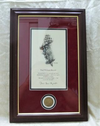 University Of Alabama Football Coach Paul " Bear " Bryant Framed Quote And Coin