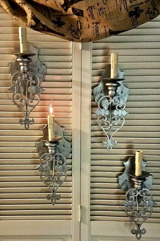 Set Of Four Vintage Silver Painted Wrought Iron Sconces