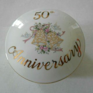 Lefton China 50th Wedding Anniversary Trinket Box Porcelain Vintage Hand Painted