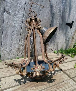 Antique Vtg Brass Cast Iron Spanish Revival Tudor Polychrome 5 Arm Chandelier