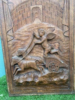 19thc Black Forest Wooden Oak Panel With Winged Figure On Chariot C1880s