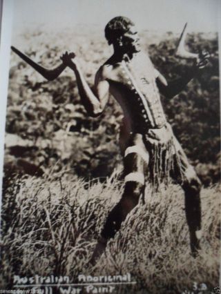 Antique Vintage Old Photo Postcard Aboriginal Man In Full War Paint Boomerang