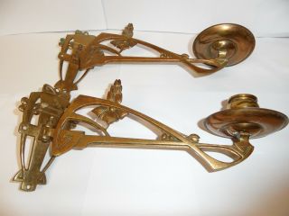 Art Nouveau Pair Wall Mounted Candle Holders - Brass - Arts & Crafts - Sconces