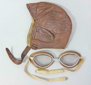 Antique / Vintage Leather Flying Helmet & Goggles Wwi Era