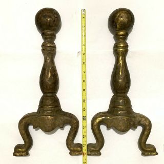 Antique Arts & Craft Mission Hammered Wrought Iron Andirons Canon Ball Solid