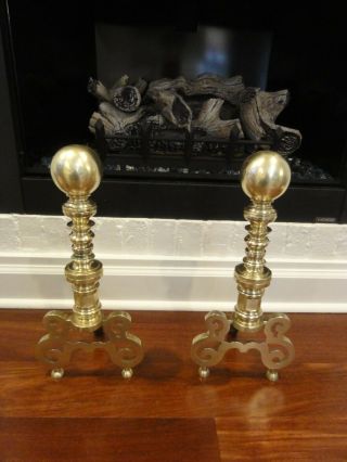 Vintage Heavy Brass Antique Andirons Fireplace,  Cannon Ball 18 Inches