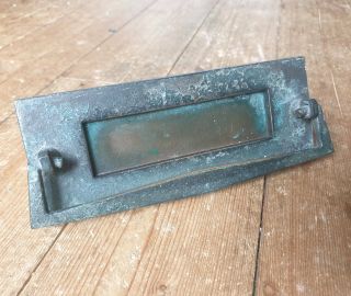 Old Bronze / Brass Letter Box Plate With Door Knocker Spring Mail Slot