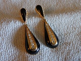 Vtg.  Christian Dior Gold Tone Black Enamel Rhinestone Dangle Pierced Earrings