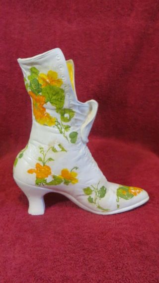 Vintage Ceramic Victorian Painted Flower Lace Up Boot Shoe Vase / Planter Signed