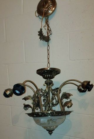 Vintage Ornate Chandelier 5 Arm Antique Bronze W/frosted & Embossed Center Bowl
