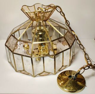 Vintage Brass Glass Hanging Celing Light Fixture 6 Light Chandelier - Pink Tones