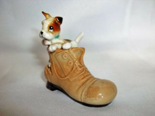 Adorable Vintage Japan Porcelain Miniature Shoe Boot Slipper Figurine With Dog