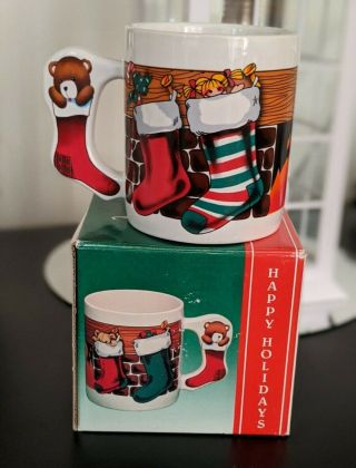Vtg 80s The Love Mug Collectible Christmas Coffee Mug Teddy Bear Stockings