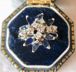 Vintage 14k White Gold Ring With Diamonds And Blue Sapphires Sz 6