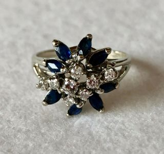 Vintage 14K White Gold Ring with Diamonds and Blue Sapphires Sz 6 2