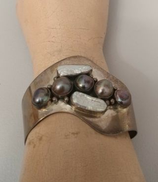 Vintage Large Modernist Sterling Cuff Bracelet W/ Stones 925 Signed Di 40 Gms