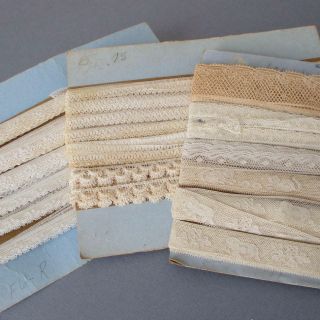 3 Cards Vintage French Lace Trims Valenciennes Levers Cats 3/8 " - 1 1/4 " W Dolls