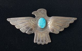 Large Vintage Navajo Stamped Sterling Silver Turquoise Thunderbird Pin Brooch