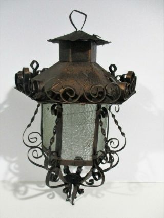 Vintage Wrought Iron Spanish Revival Gothic Textured Clear Glass Hanging Lantern